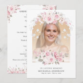 Ter liefdevolle herinnering Roze Aquarel Bloemstuk Programmakaart (Voorkant / Achterkant)