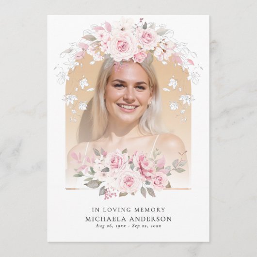 Ter liefdevolle herinnering Roze Aquarel Bloemstuk Programmakaart (Voorkant)