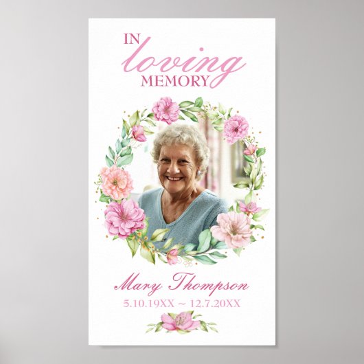 Ter liefdevolle herinnering Roze bloemenkrans Foto Poster (Voorkant)