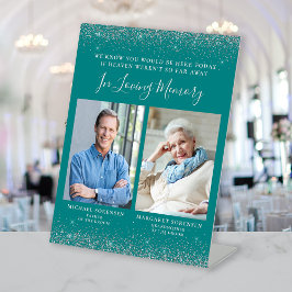 Ter nagedachtenis 2 Foto Teal Blauw Zilveren Bruil Reclamebord Met Voetstuk