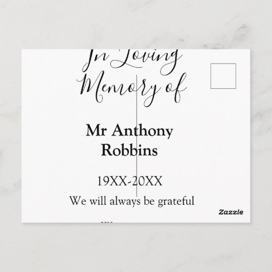 Ter nagedachtenis aan naam rouwcadeau briefkaart (Achterkant)