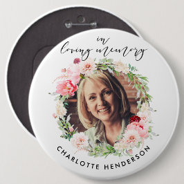 "Ter nagedachtenis"-foto & roze pioenrozen eerbeto Ronde Button 6,0 Cm