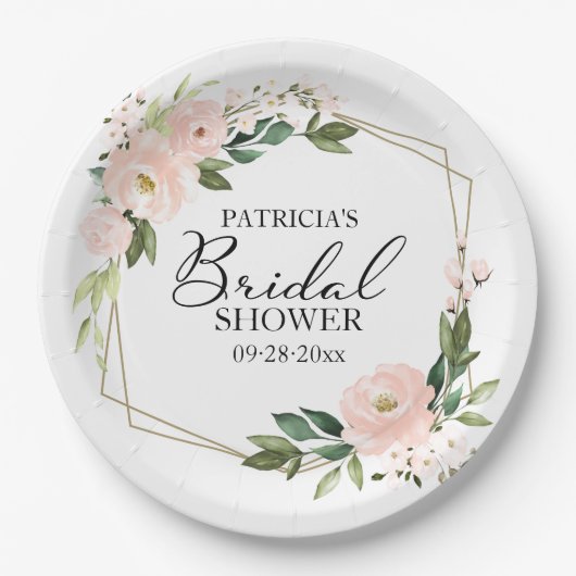 Tere Delicate Roze Blush Bloemige Geometrische Bru Papieren Bordje (Voorkant)