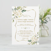 Tere Delicate Witte Bloemen Gouden Lijst Bruiloft Kaart (Staand voorkant)