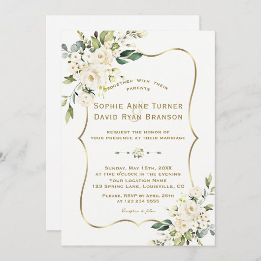 Tere Delicate Witte Bloemen Gouden Lijst Bruiloft Kaart (Voorkant / Achterkant)