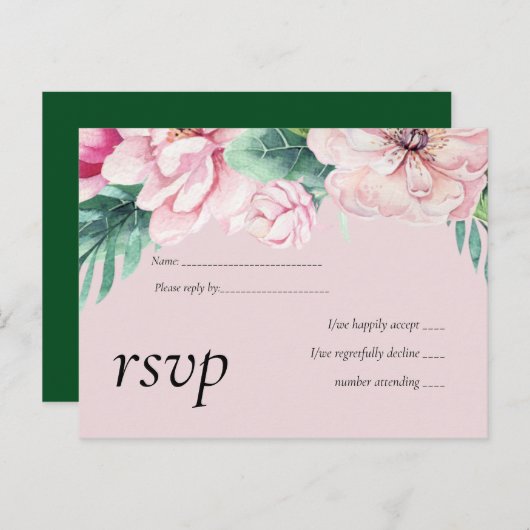 Tere Roze Bloemige Groene Bladeren Trouwbudget Uitnodiging Briefkaart (Voorkant / Achterkant)