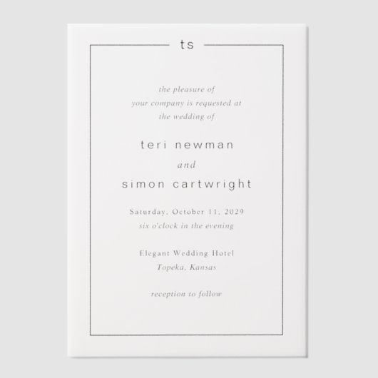 Teri Monogram Border Moderne bruiloft Vellum Uitnodigingen (Voorkant)