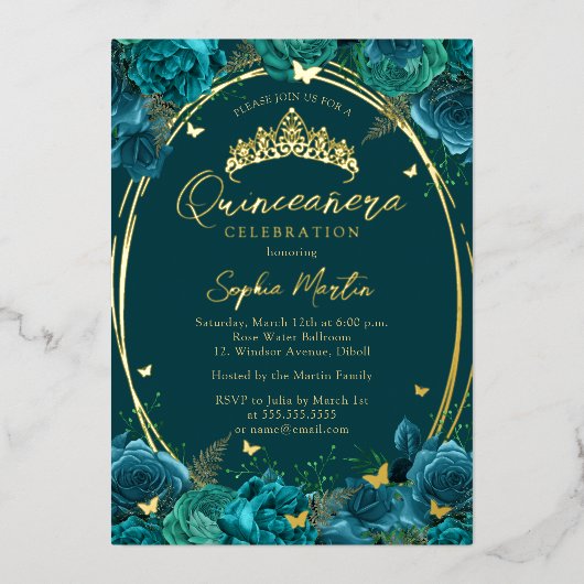 Teroen Goud Boeiende Bloem Vlinder Quinceanera Folie Uitnodiging (Voorkant)