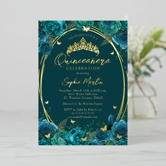 Teroen Goud Boeiende Bloem Vlinder Quinceanera Folie Uitnodiging (Staand Voorkant)