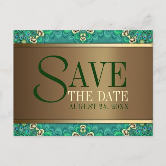 Teroen Gouden Pauw Save the Date Ansichtkaart Aankondigingskaart (Voorkant)