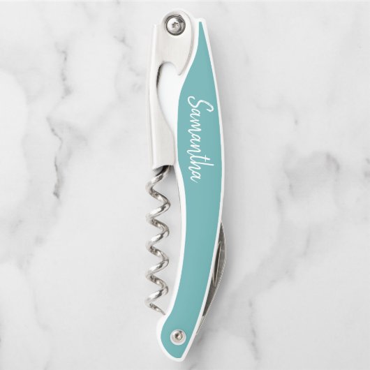 Teroen Turquoise Witte Moderne Script Naam Kurkentrekker (Voorkant)