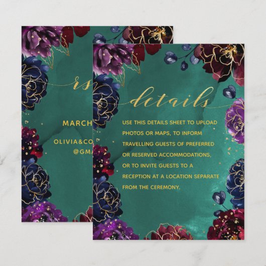 Teroom Blauw Saphir Juweeltoon Details & RSVP Informatiekaartje (Voorkant / Achterkant)