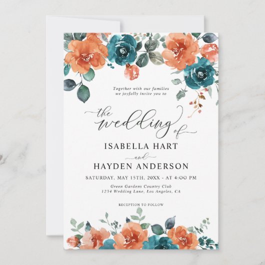 Teroorverbrand Oranje Boho Bloemige Waterverf Brui Kaart (Voorkant)