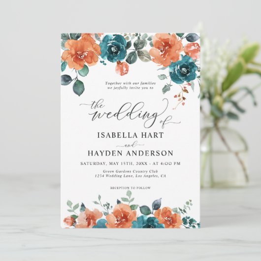 Teroorverbrand Oranje Boho Bloemige Waterverf Brui Kaart (Staand voorkant)