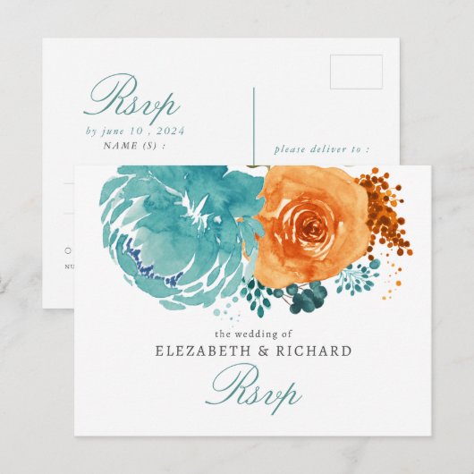 Teroverbrande oranje bloemige herfstbruiloft RSVP Briefkaart (Voorkant / Achterkant)