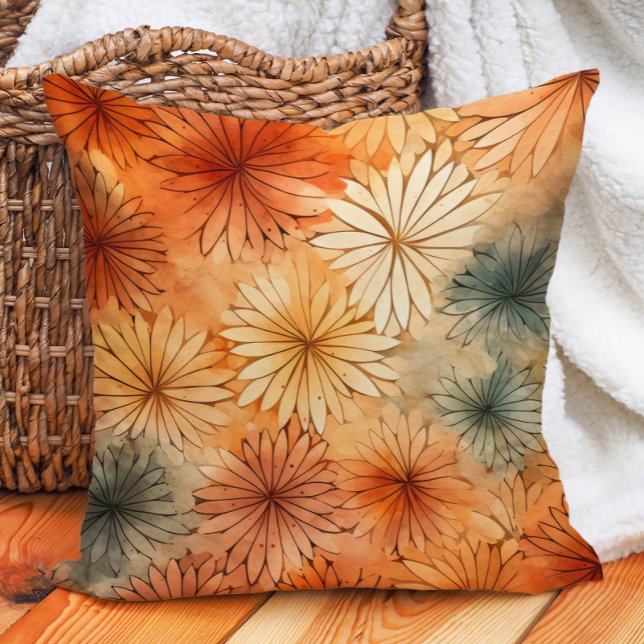 Terra Cotta Blauwgroen crèmebloemen Warme aardetin Kussen (Burnt orange and teal floral decorator pillow)