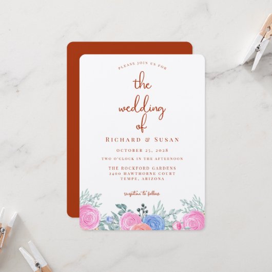 Terra Cotta Bloemenbruiloft Kaart (Voorkant / Achterkant in situ)