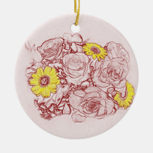 Terra Cotta Etched Floral Bouquet Yellow Daisies Keramisch Ornament