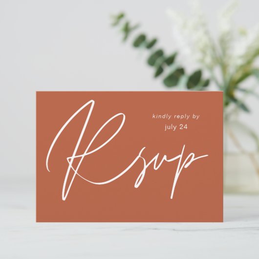 Terra Cotta MOD Calligraphy met Meal RSVP Card (Staand voorkant)