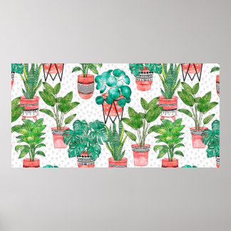 Terra cotta Pots Waterverf House Planten Naadloos Poster