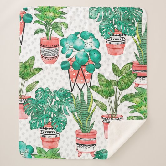 Terra cotta Pots Waterverf House Planten Naadloos Sherpa Deken (Voorkant)