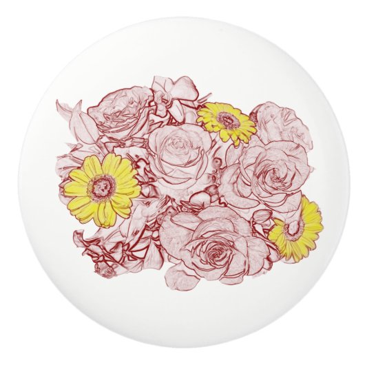 Terra Cotta Rozen met schetsen en gele dagen Keramische Knop (Voorkant)