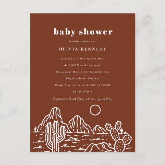 Terracota Baby shower Cactus Line Art woestijn Briefkaart (Voorkant)