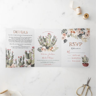 Terracota en Cactus Bruiloft Tri-Fold Uitnodiging