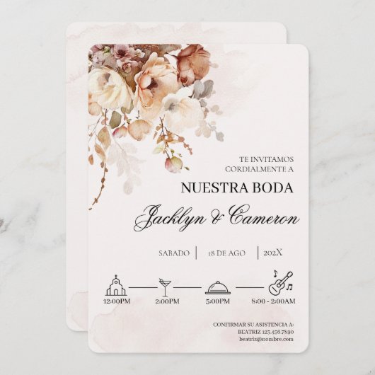 Terracota Floral Spaanse bruiloft uitnodiging (Voorkant / Achterkant)