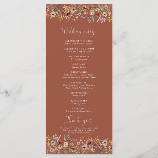 Terracott Tiny Wildflower huwelijksprogramma Programmakaart (Achterkant)