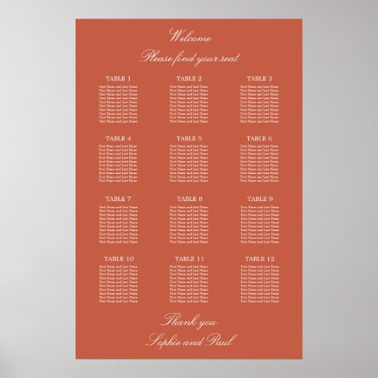 Terracotta 12 Table Wedding Seating Chart Poster (Voorkant)