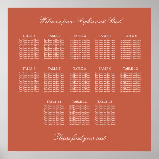 Terracotta 13 Tafel Trouwstoelindeling Poster (Voorkant)