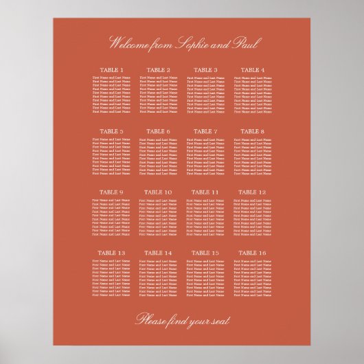 Terracotta 16 Tafel Trouwstoelindeling Poster (Voorkant)