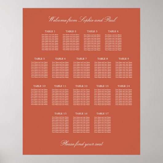 Terracotta 17 Tafel Trouwstoelindeling Poster (Voorkant)