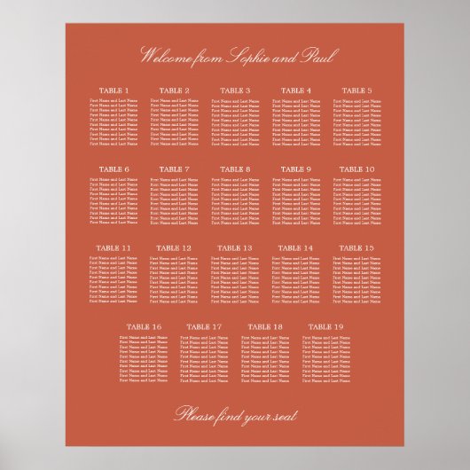 Terracotta 19 Table Wedding Seating Chart Poster (Voorkant)
