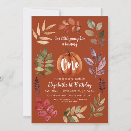 Terracotta 1st Birthday Waterverf pompoen, bladere Kaart (Voorkant)