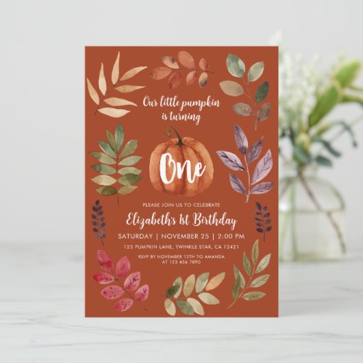 Terracotta 1st Birthday Waterverf pompoen, bladere Kaart (Staand voorkant)