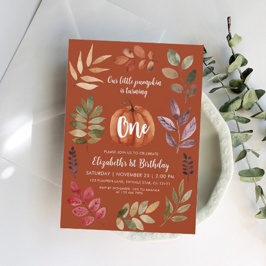 Terracotta 1st Birthday Waterverf pompoen, bladere Kaart