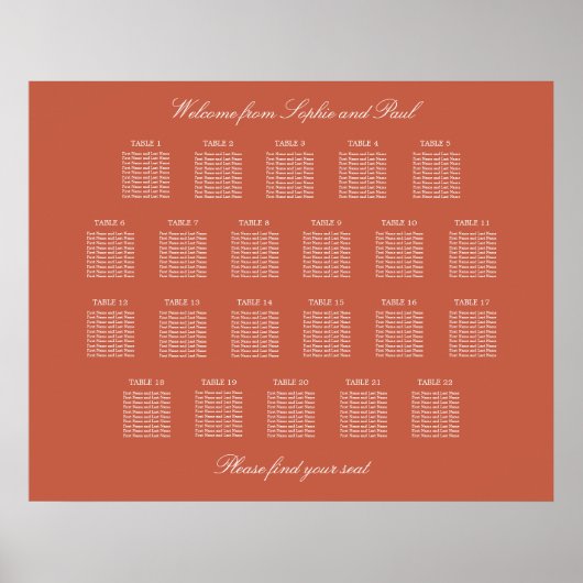 Terracotta 22 Tafel Trouwstoelindeling Poster (Voorkant)