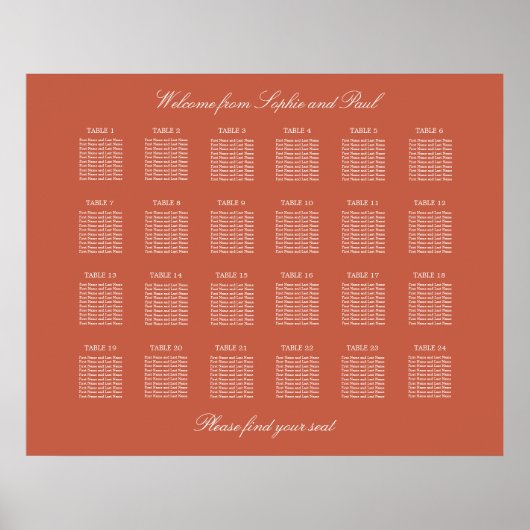Terracotta 24 Table Wedding Seating Chart Poster (Voorkant)