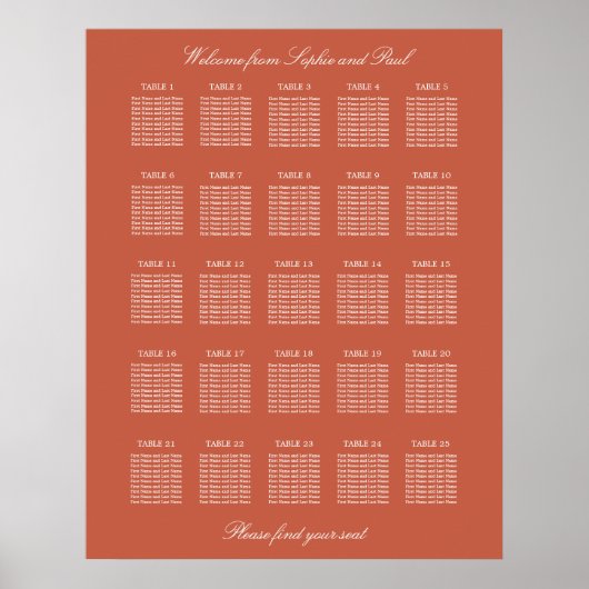 Terracotta 25 Table Wedding Seating Chart Poster (Voorkant)