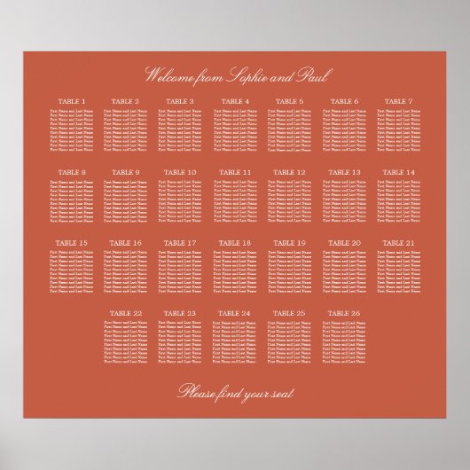 Terracotta 26 Table Wedding Seating Chart Poster (Voorkant)