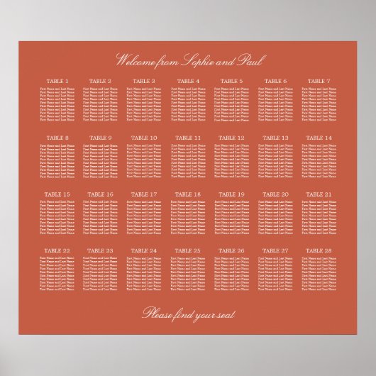 Terracotta 28 Tafel Trouwstoelindeling Poster (Voorkant)