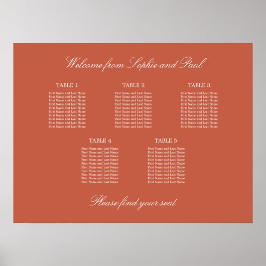 Terracotta 5 Tafel Trouwstoelindeling Poster (Voorkant)