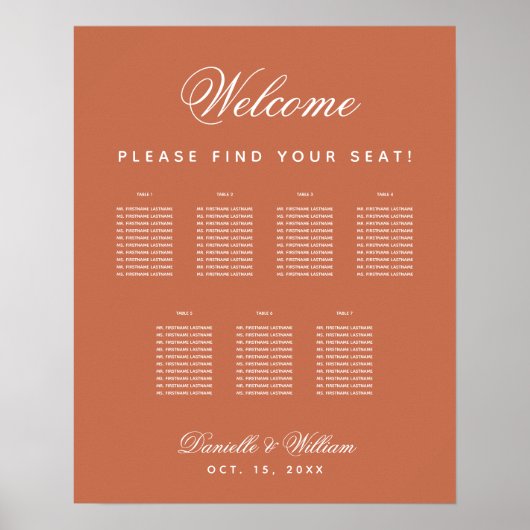 Terracotta 7 Tables Simple Wedding Seating Chart Poster (Voorkant)
