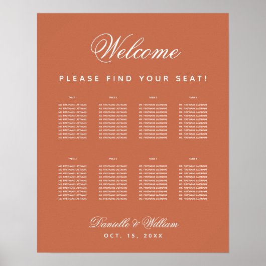 Terracotta 8 Table Simple Wedding Seating Chart Poster (Voorkant)