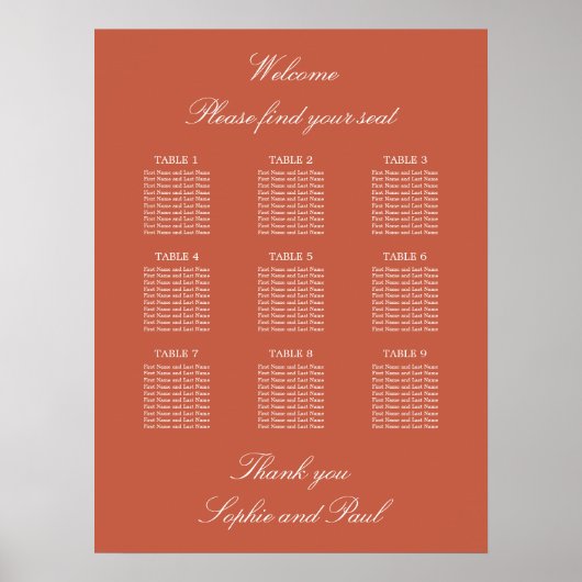 Terracotta 9 Tafel Trouwstoelindeling Poster (Voorkant)