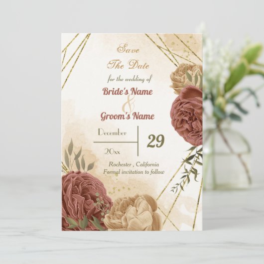 terracotta aardachtig bloemengroen save the date (Staand voorkant)