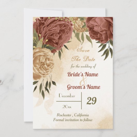 terracotta aardachtig bloemengroen save the date (Voorkant)