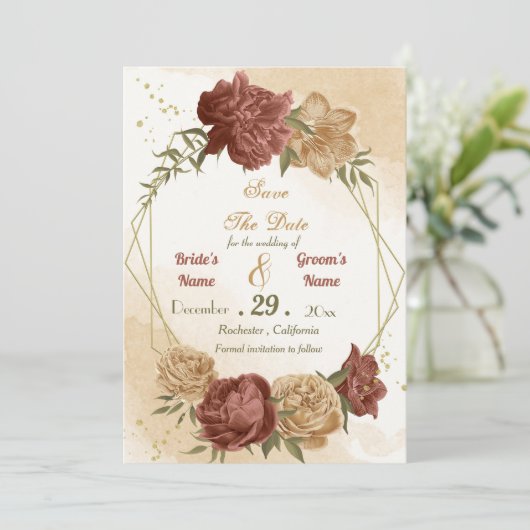 terracotta aardachtig bloemengroen save the date (Staand voorkant)